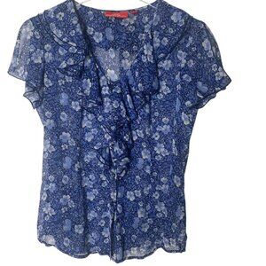 Y2K Oscar De La Renta Sheer Blue Floral Ruffle Flutter Sleeve Blouse Size 4